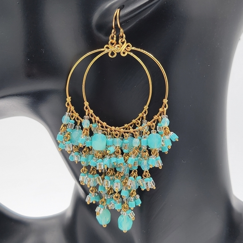 Turquoise Gold Tone Chandelier Earrings #2569